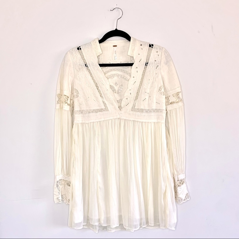 Free People White Sleeved Boho Cut Out Mini Dress